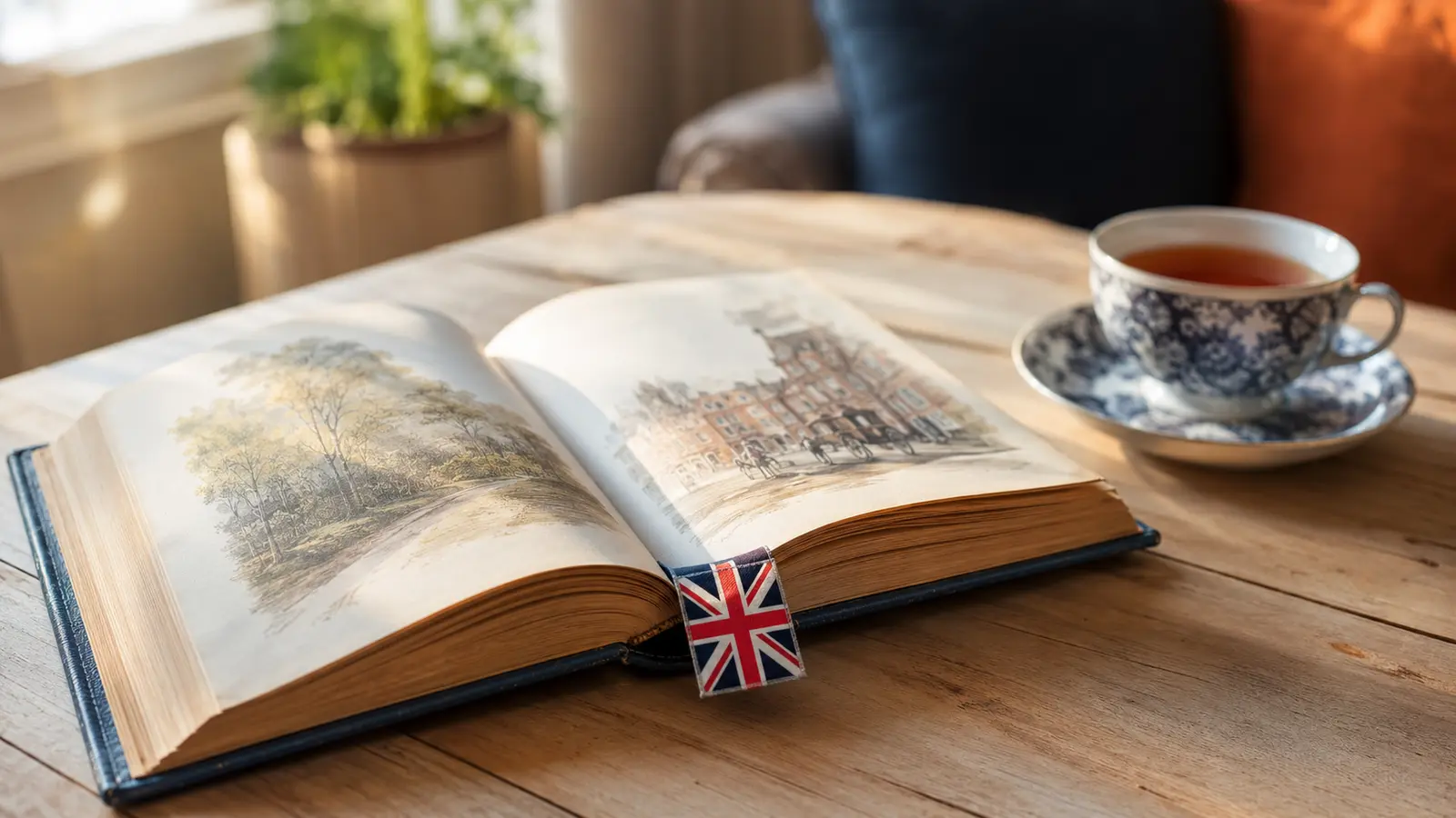 Englischkurs: Geschichtenbuch mit britischem Lesezeichen