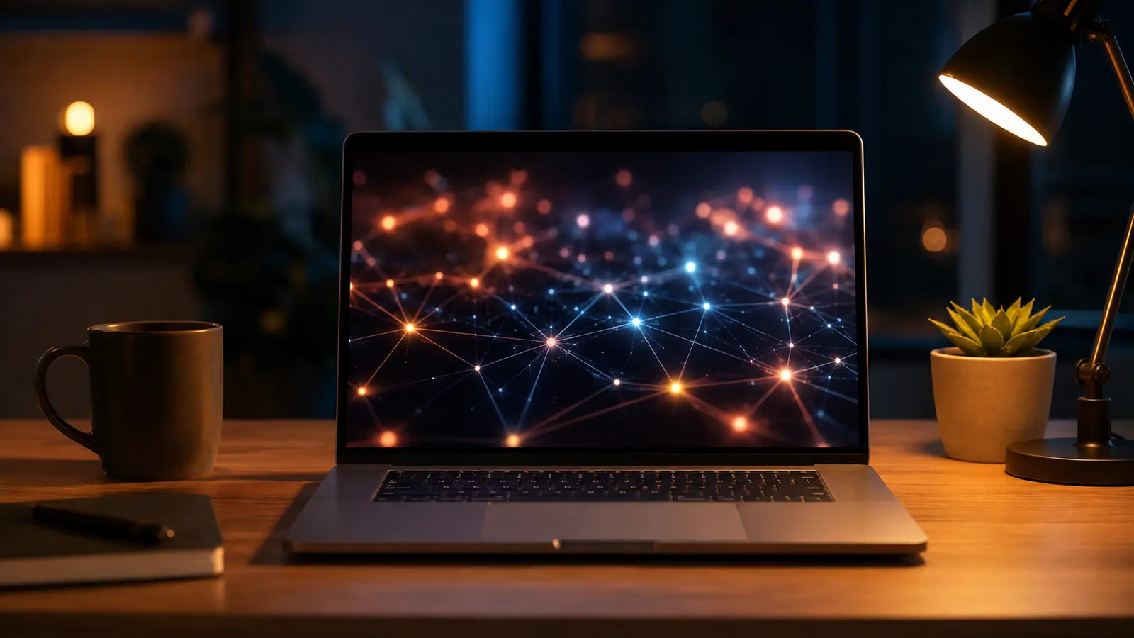 KI-Grundlagen: Laptop mit leuchtendem Netzwerk